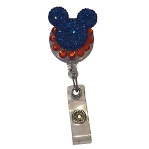 Blue Mouse Rhinestone Retractable Badge Reel ID Holder Orange Sparkle Disney